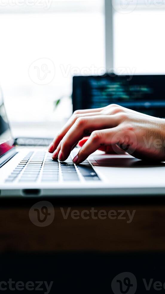 hand types on a laptop keyboard a professional office setting. photo