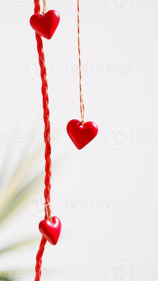three red hearts hanging from a braided cord photo