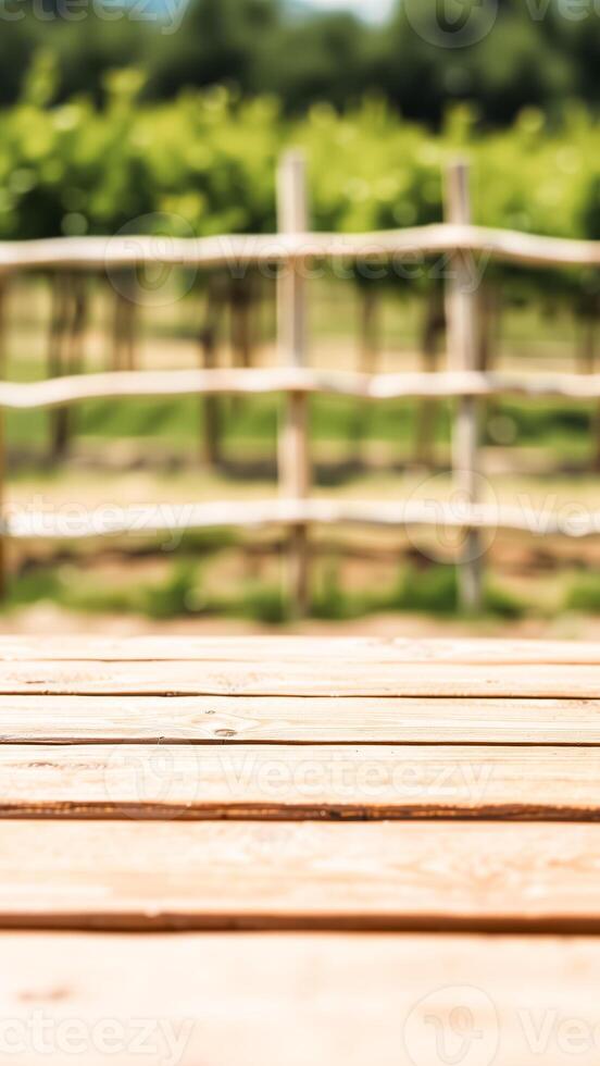 rustic wooden surface with a blurred background a green field photo