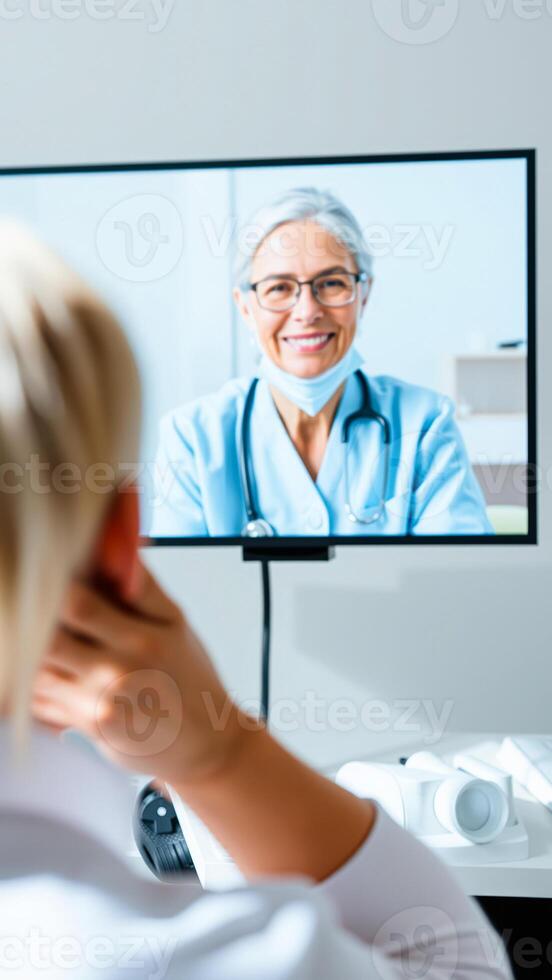 smiling female doctor on a screen conducts a virtual appointment with a patient photo