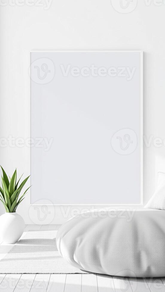 minimalist white room with a frame a large cushion photo