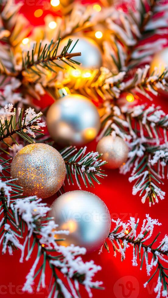 snow-covered pine branch decorated with silver ornaments golden lights photo