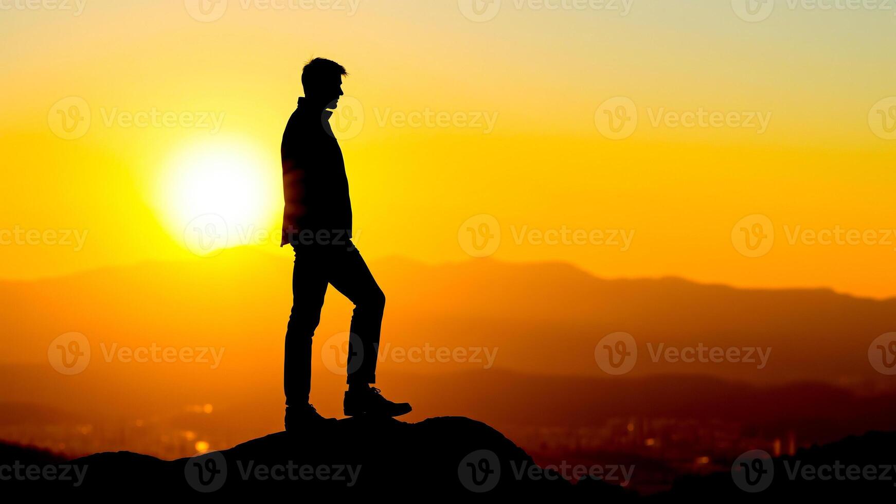 solitary figure stands on a hilltop gazing at the cityscape during sunset photo