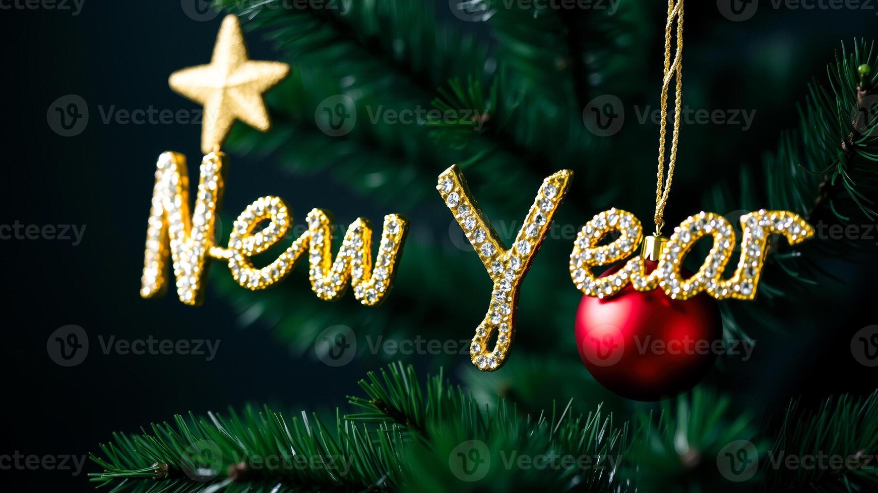 sparkling gold new year ornament on a pine branch photo