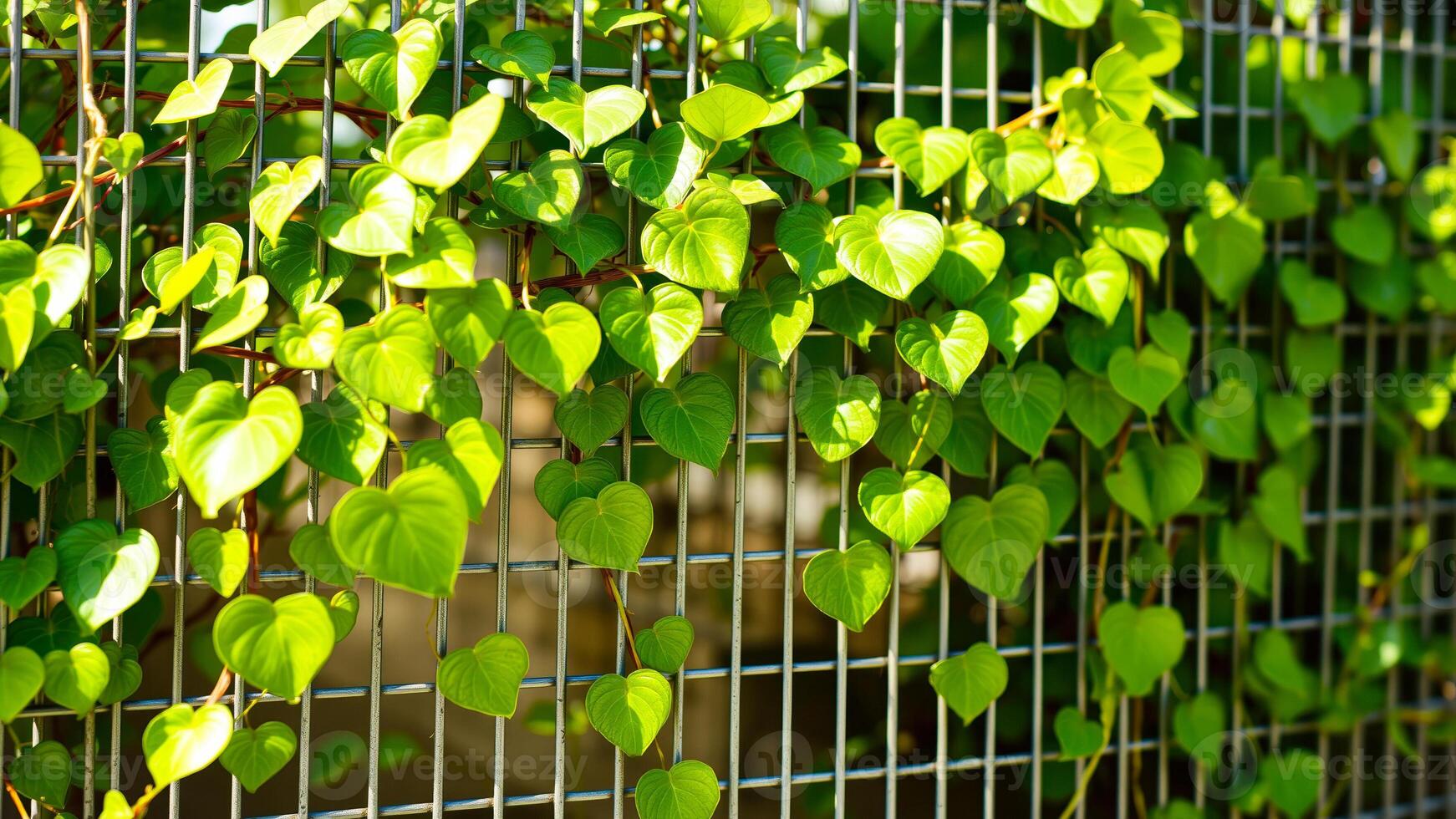 heart-shaped leaves climbing a metal fence photo