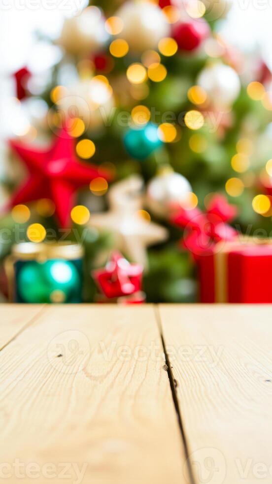 wooden surface with a blurred decorated tree the background photo