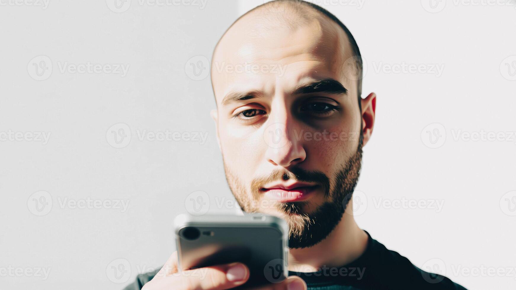 man seriously looking at his phone photo