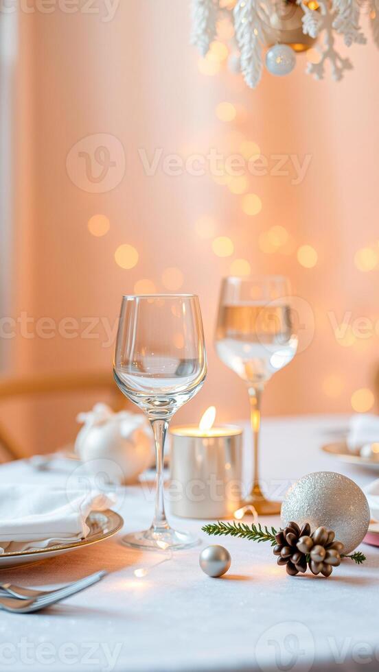festive table setting with silver brown ornaments photo