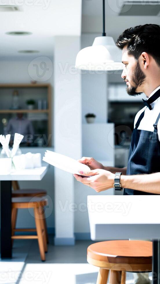 man setting a plate on a table a modern cafe photo