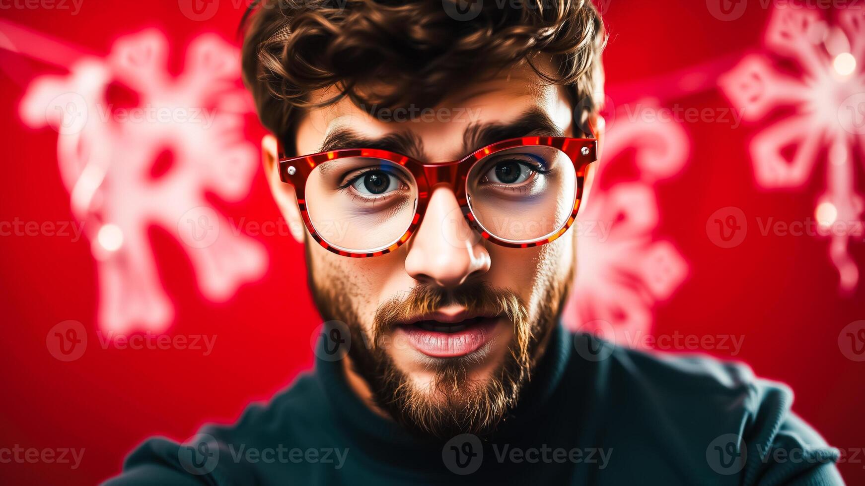 man with red-rimmed glasses smiles directly at the viewer photo