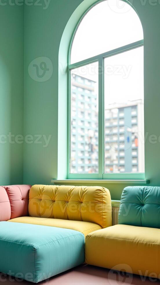 vibrant living room with a modular sofa arched window photo