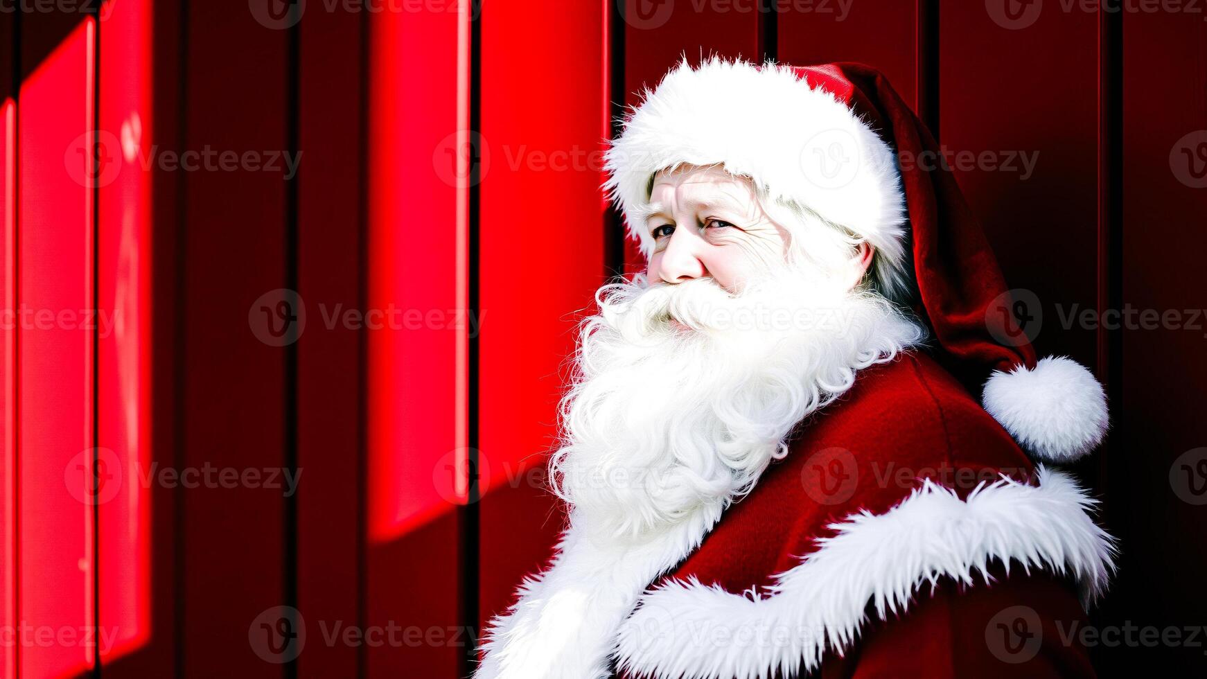 festive figure stands against a red wall photo