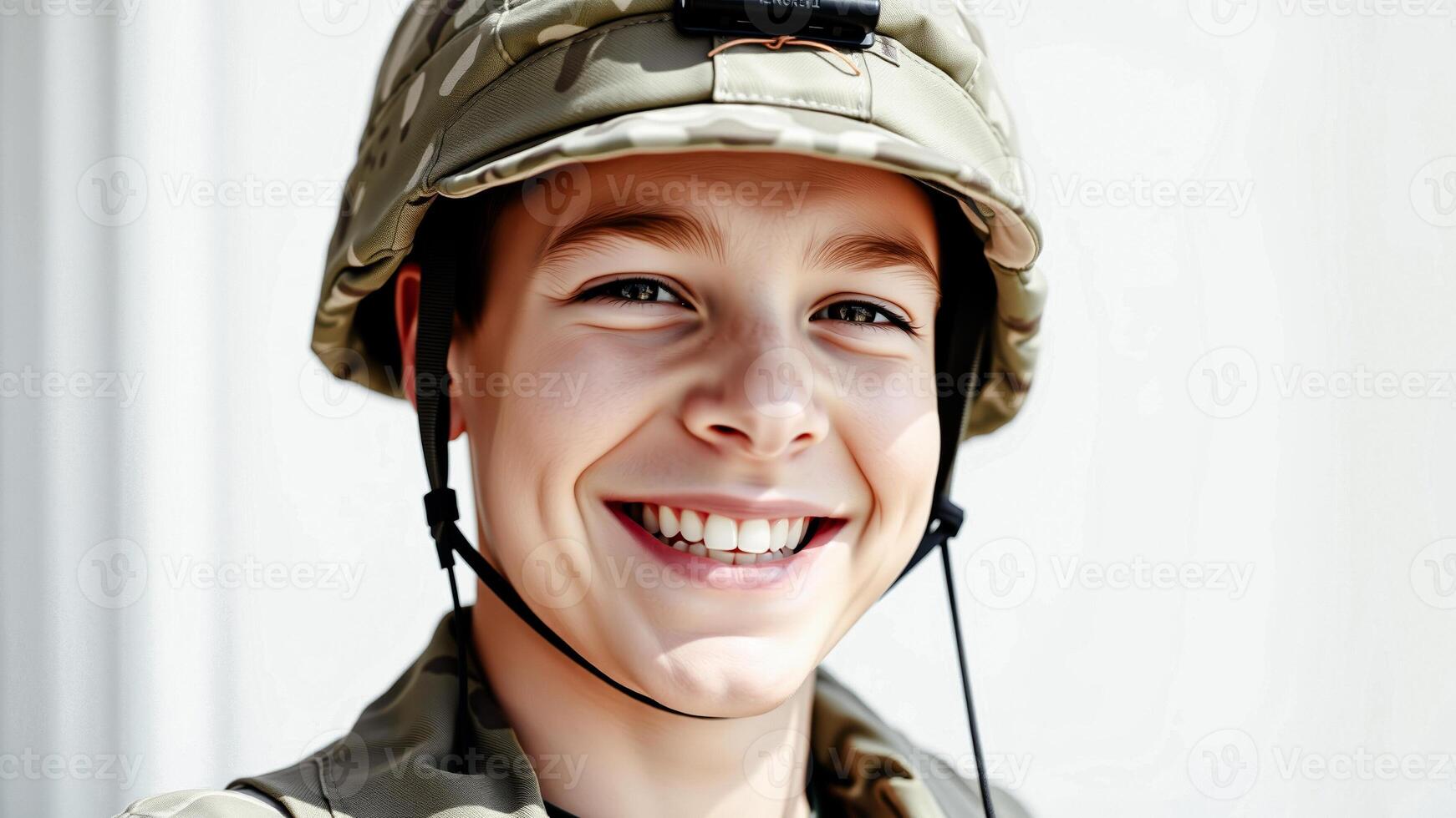 young person wearing a camouflage helmet smiles happily at the camera photo