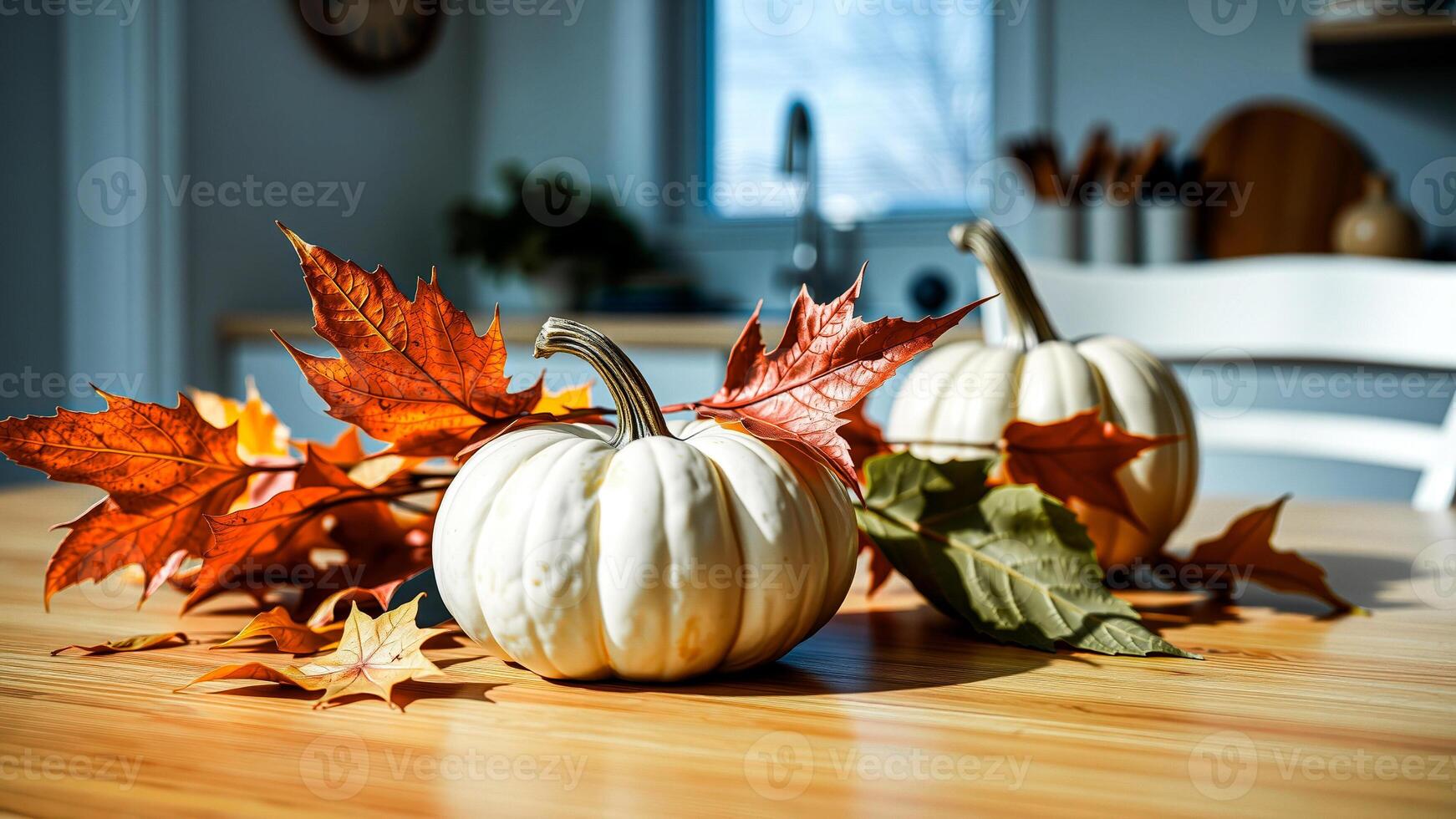 two white pumpkins adorned with autumn leaves photo
