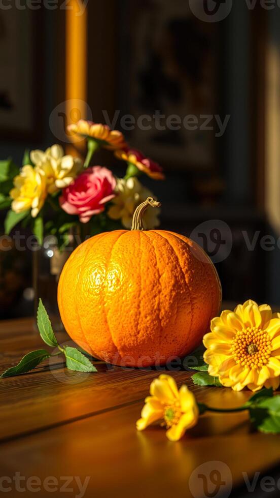 single pumpkin with yellow flowers on a wooden table photo