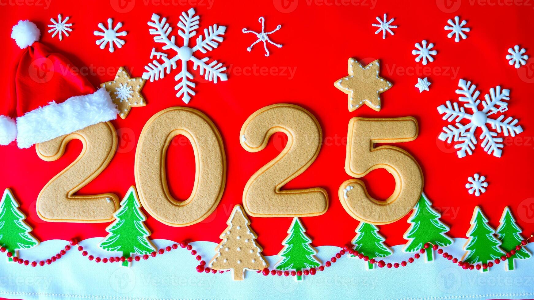 gingerbread cookies form the number 2025 on a red background with holiday decorations photo