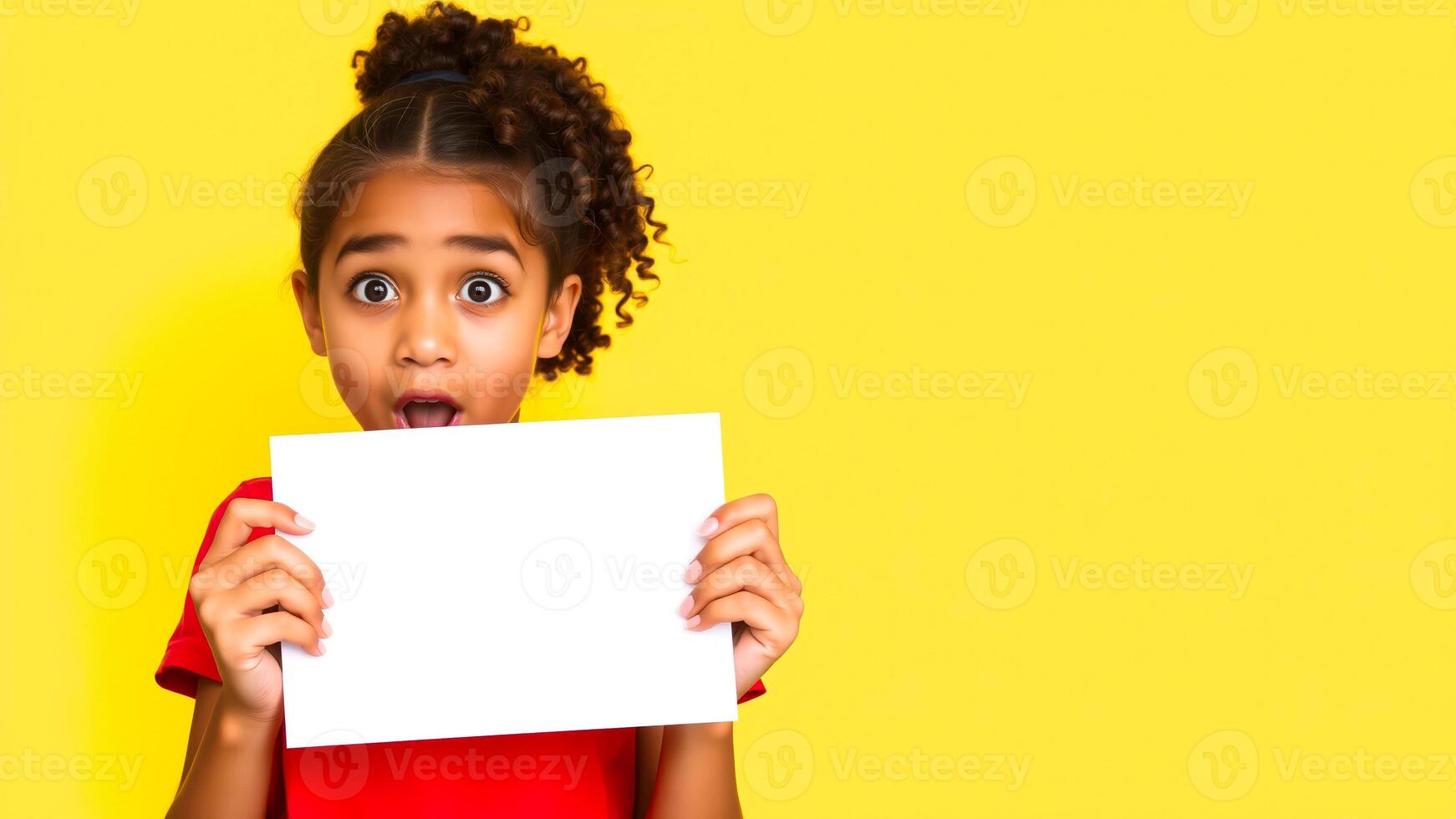 young girl holding a blank card with a surprised expression photo