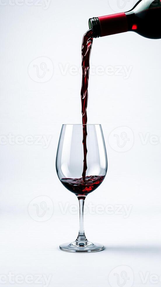 bottle red wine being poured into a crystal goblet photo