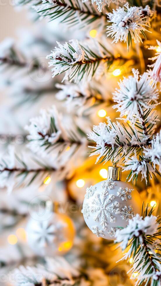 white christmas ornament with snowflake detail hangs on a frosted evergreen branch photo