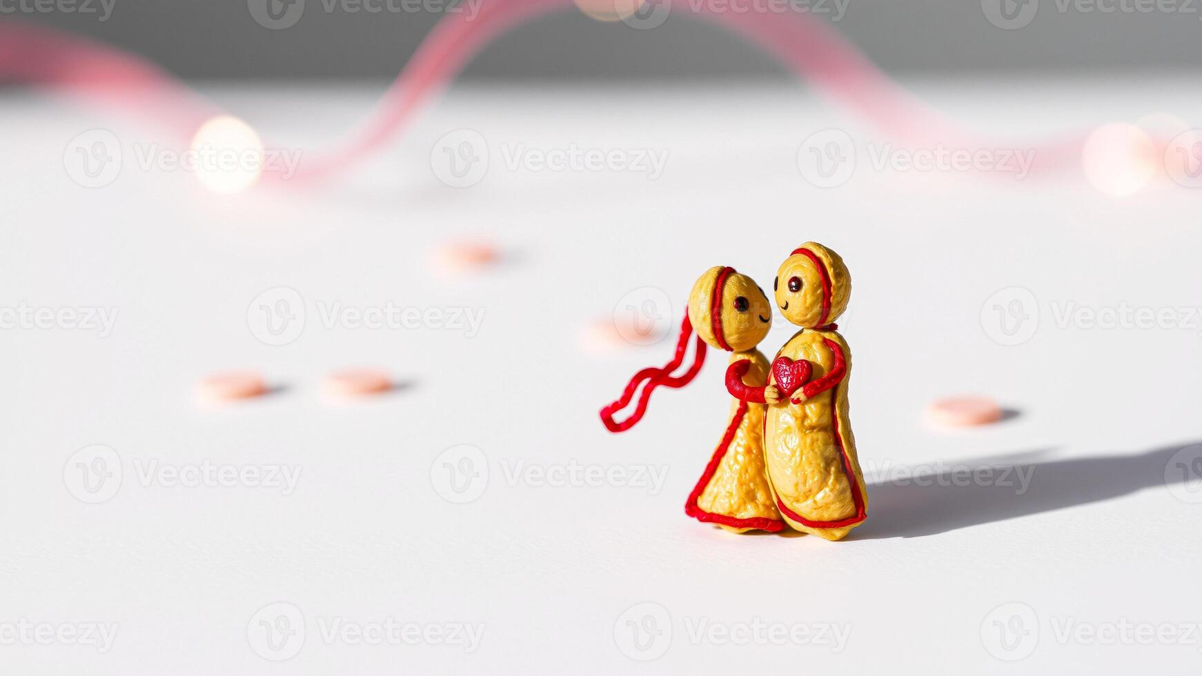 smiling yellow figures embrace with a red heart photo
