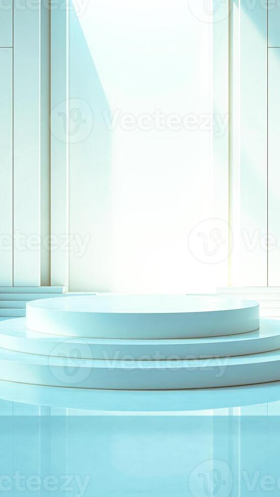 three-tiered circular platform with bright window reflections photo