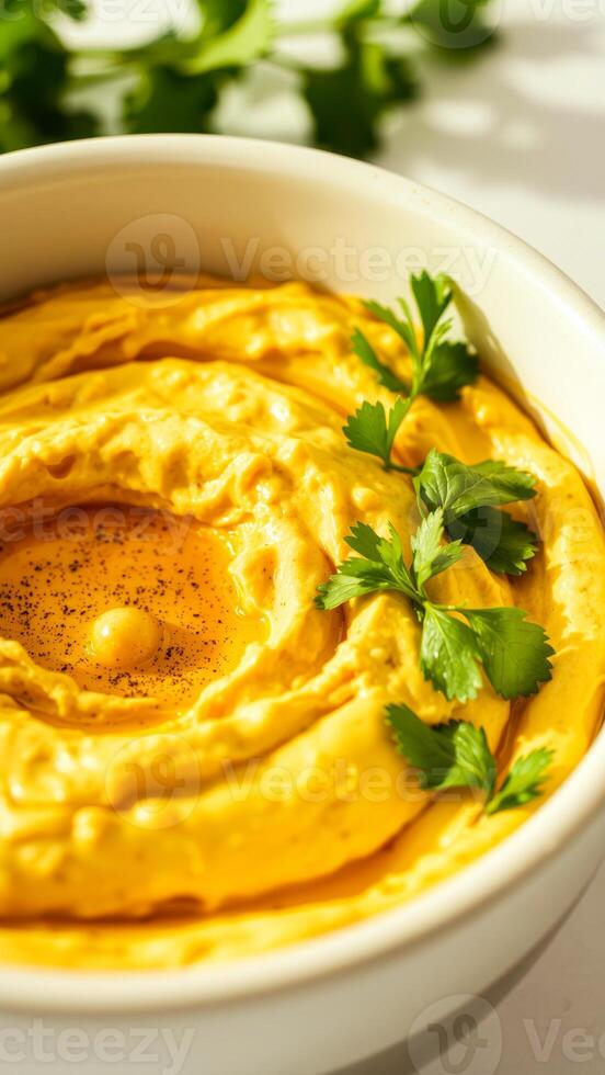 bowl creamy yellow spread with fresh herbs photo