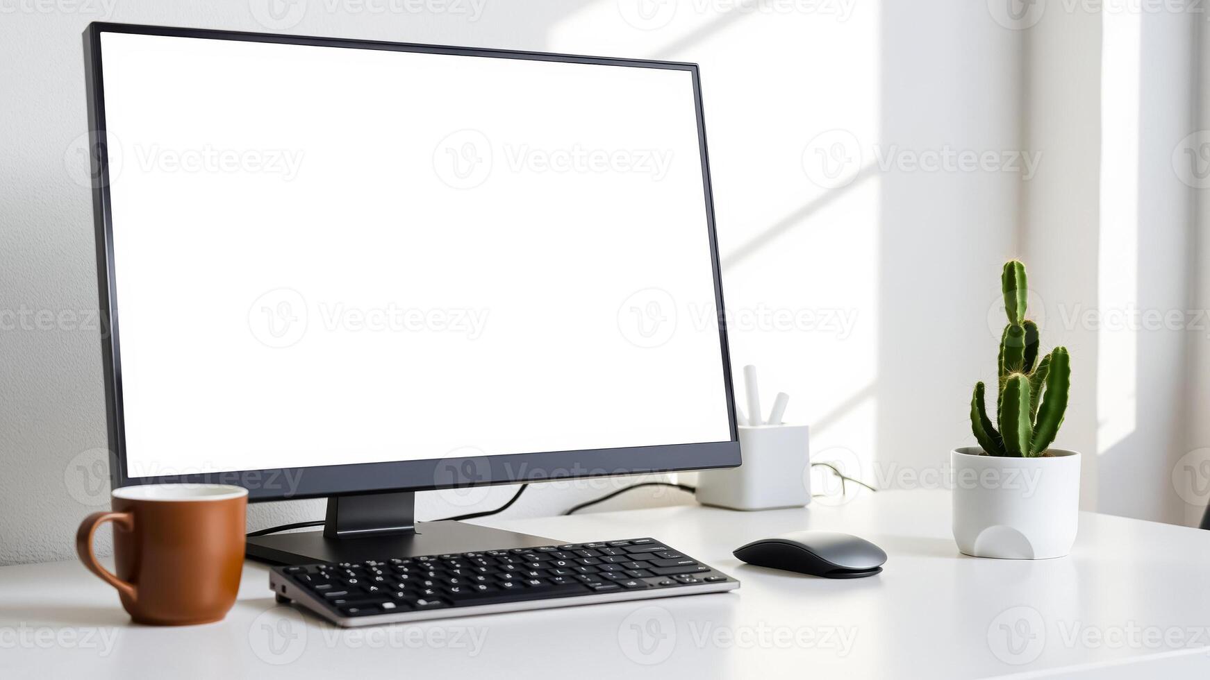 minimalist workspace with a blank computer screen photo
