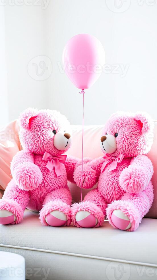 two pink teddy bears sharing a moment with a balloon photo