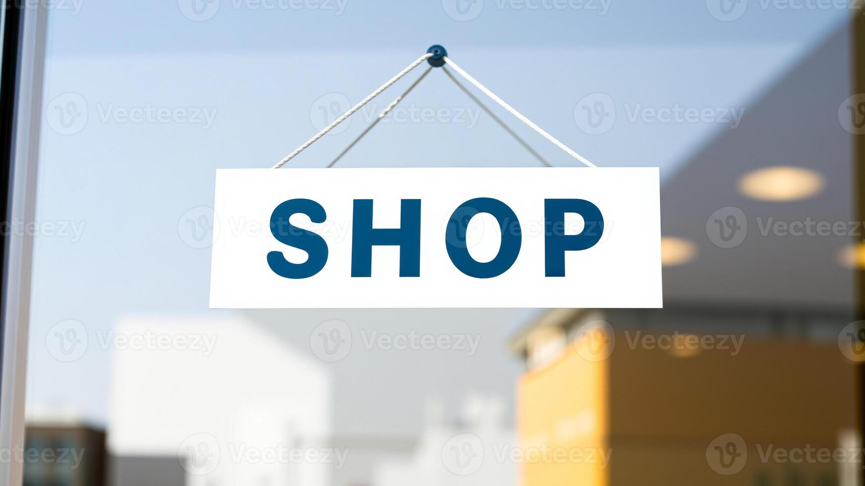 white shop sign hanging outside a store photo