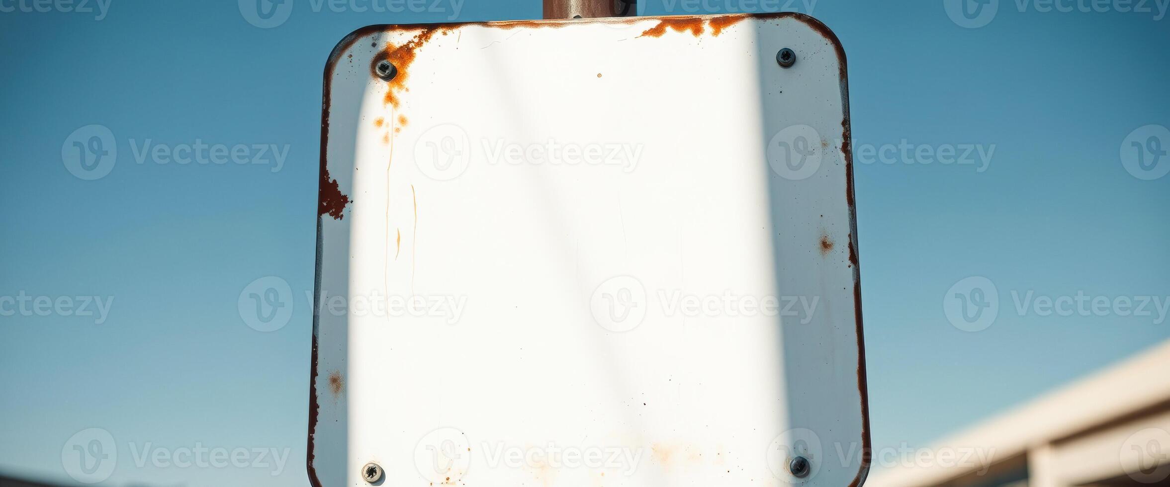 blank white metal sign against a bright blue sky photo
