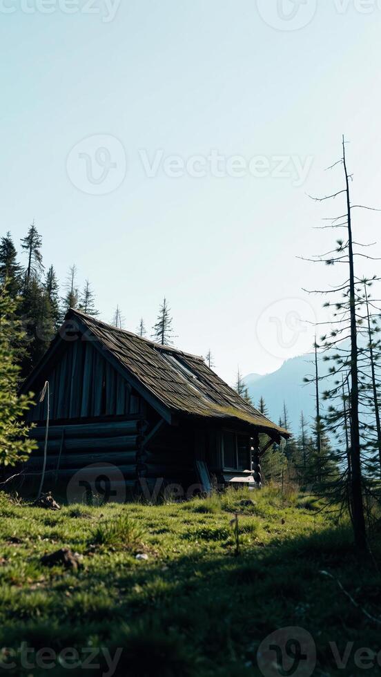 rustic cabin nestled a lush meadow photo