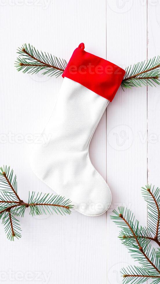 white stocking with pine branches on a white woodgrain surface photo