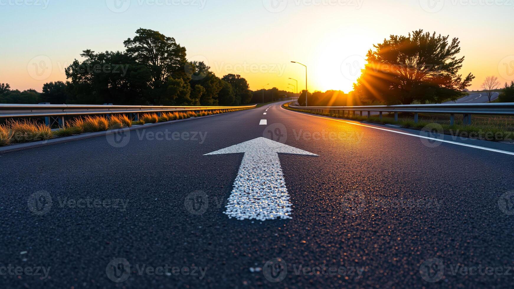 white arrow guides the way towards a bright sunrise photo