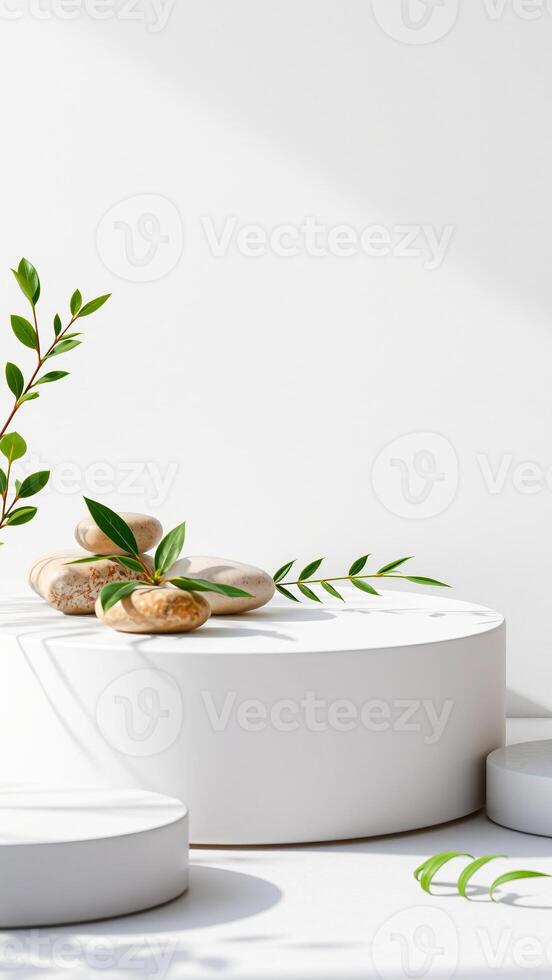 white pedestal with stones leaves photo