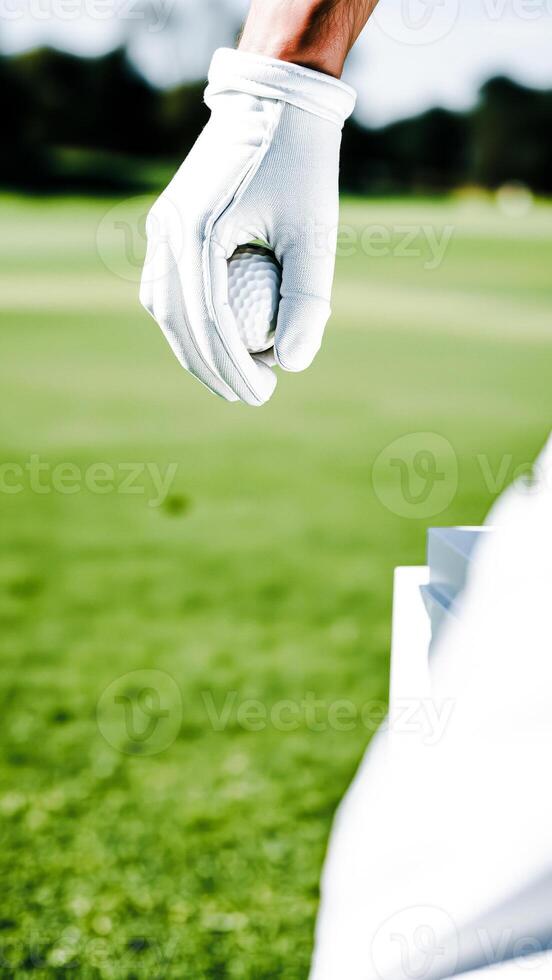 gloved hand holds a white golf ball on a green field photo
