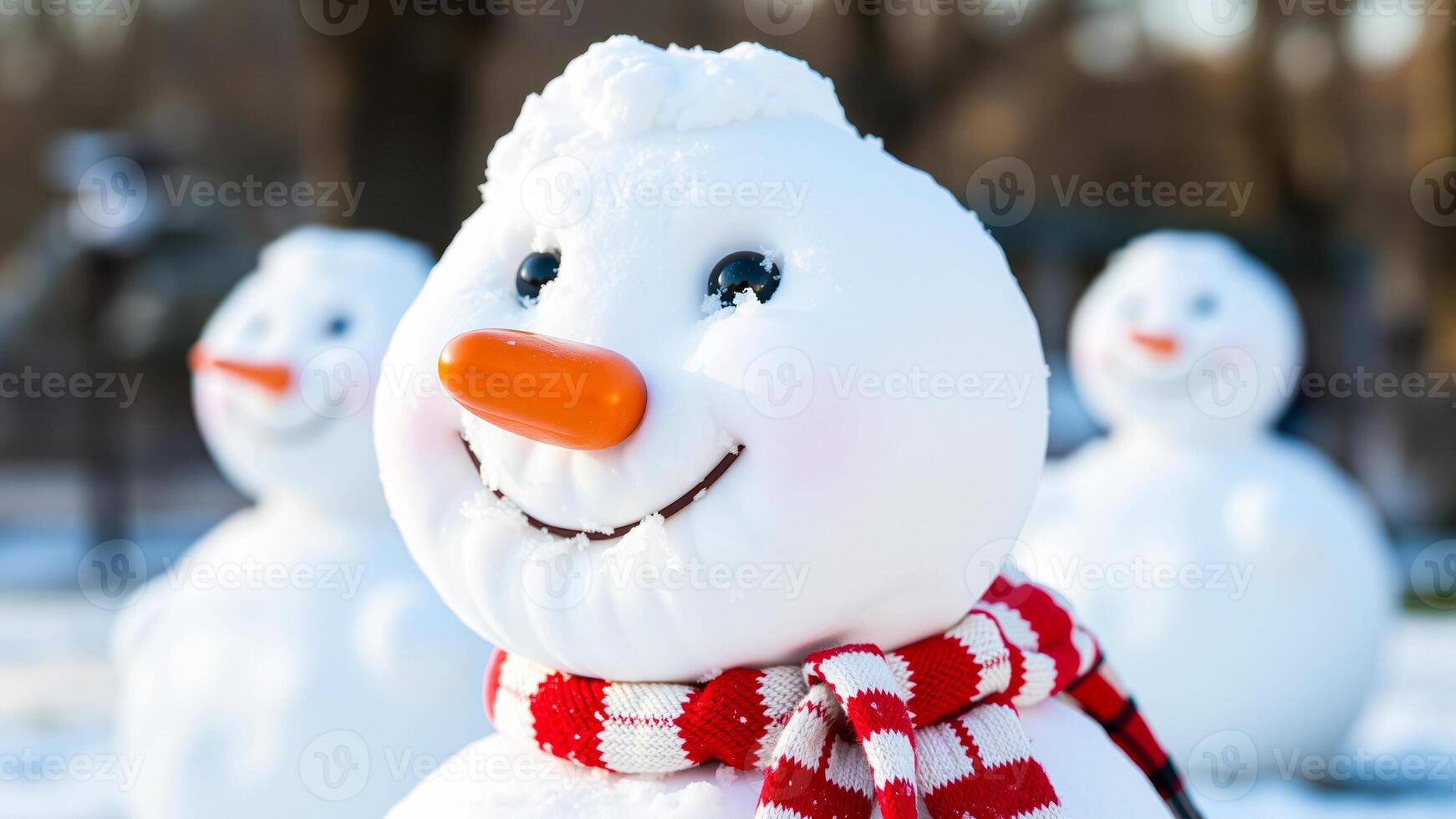 cheerful snowman with a carrot nose red scarf photo