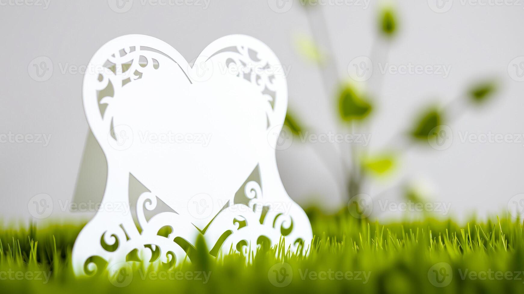 white heart-shaped card with intricate cutouts grass photo