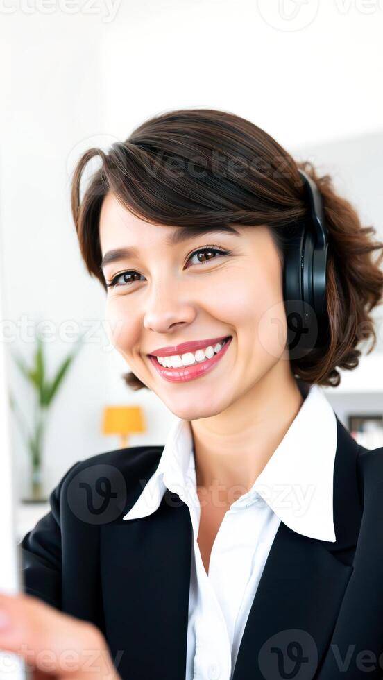 smiling woman a black suit jacket white shirt wearing headphones photo