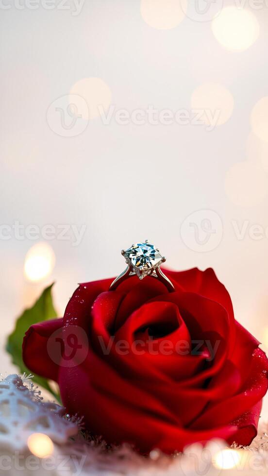 diamond ring resting on a red rose photo