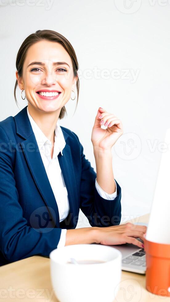 smiling businesswoman working at her desk photo
