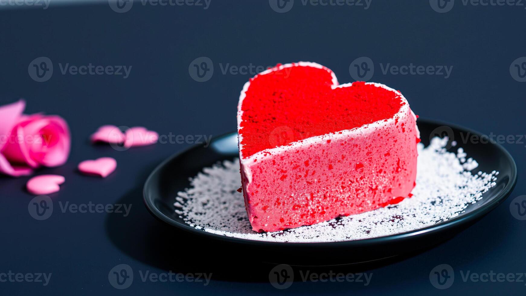 heart-shaped red cake with white frosting photo