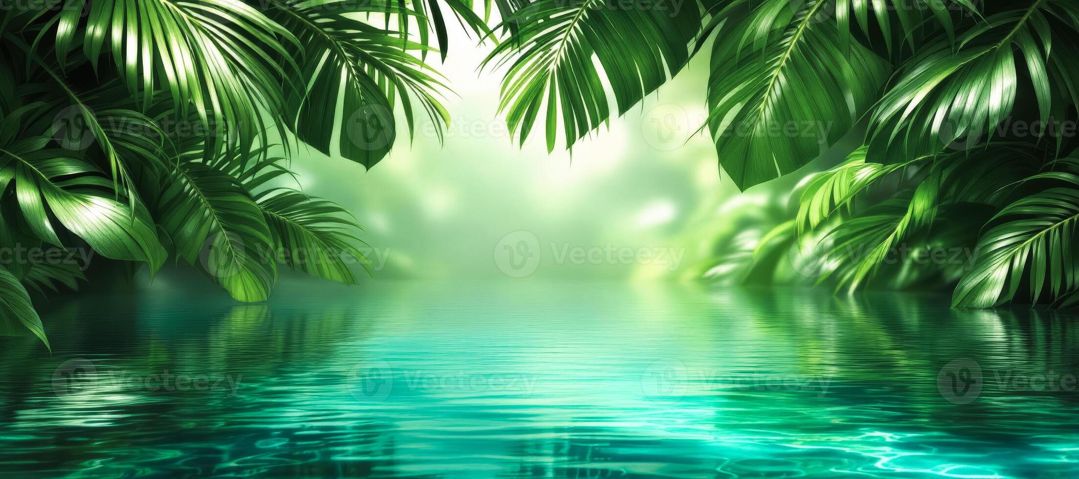 tropical plants reflecting still water photo