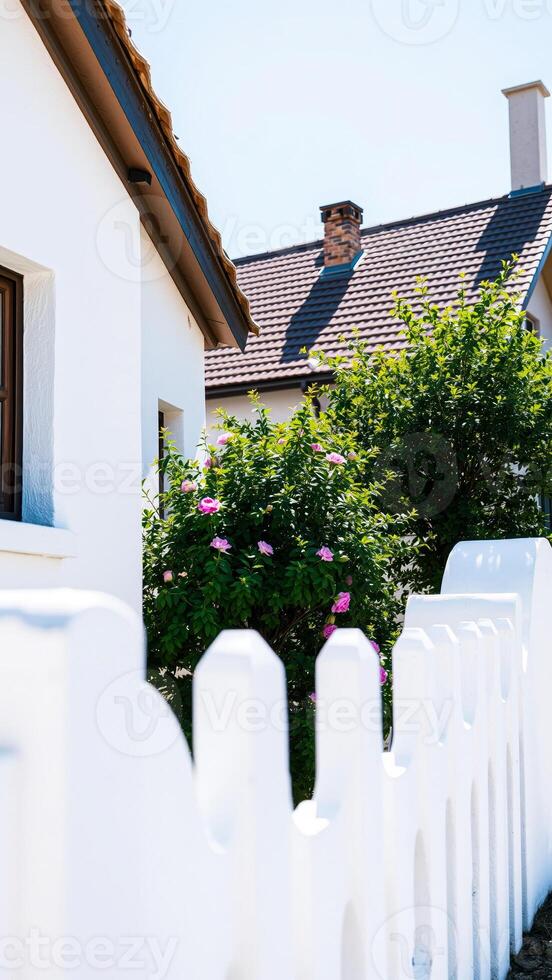 white picket fence with pink flowers photo