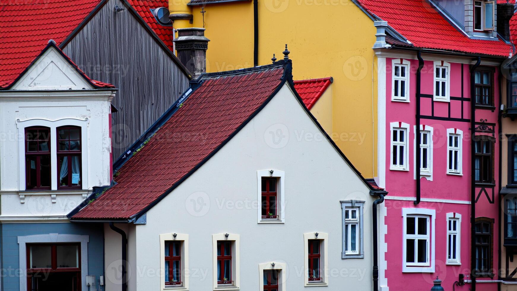 colorful townhouses with red tile roofs white windows photo