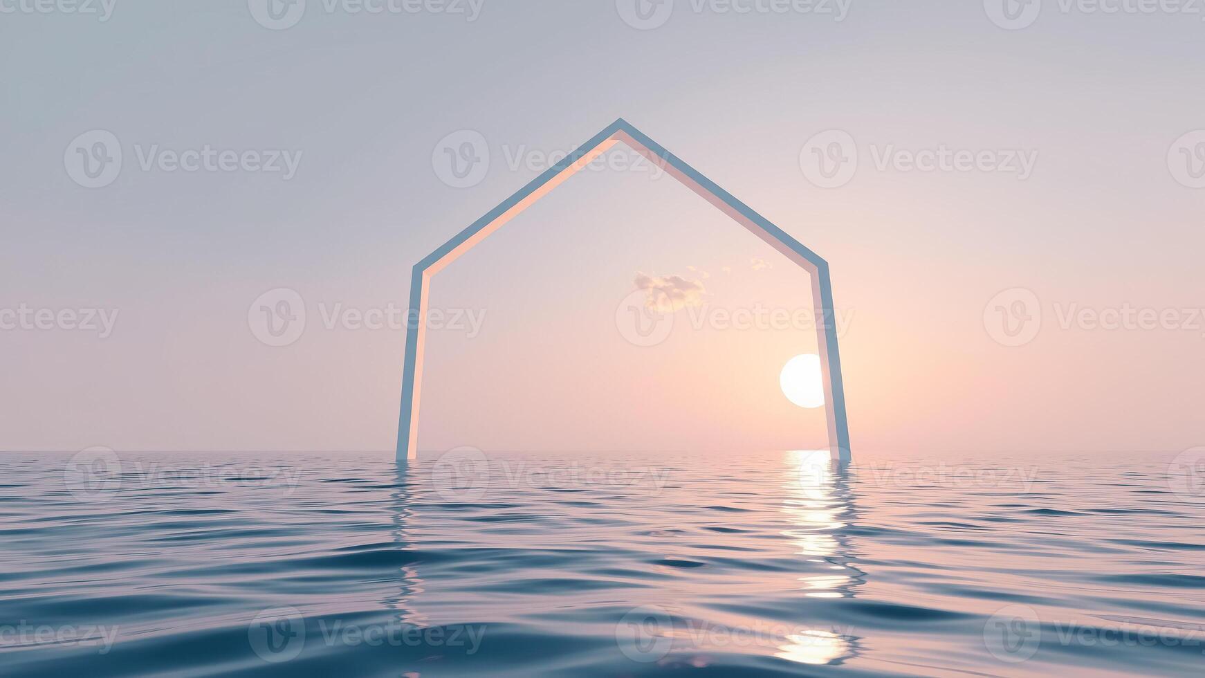 geometric archway frames a sunset over the ocean photo