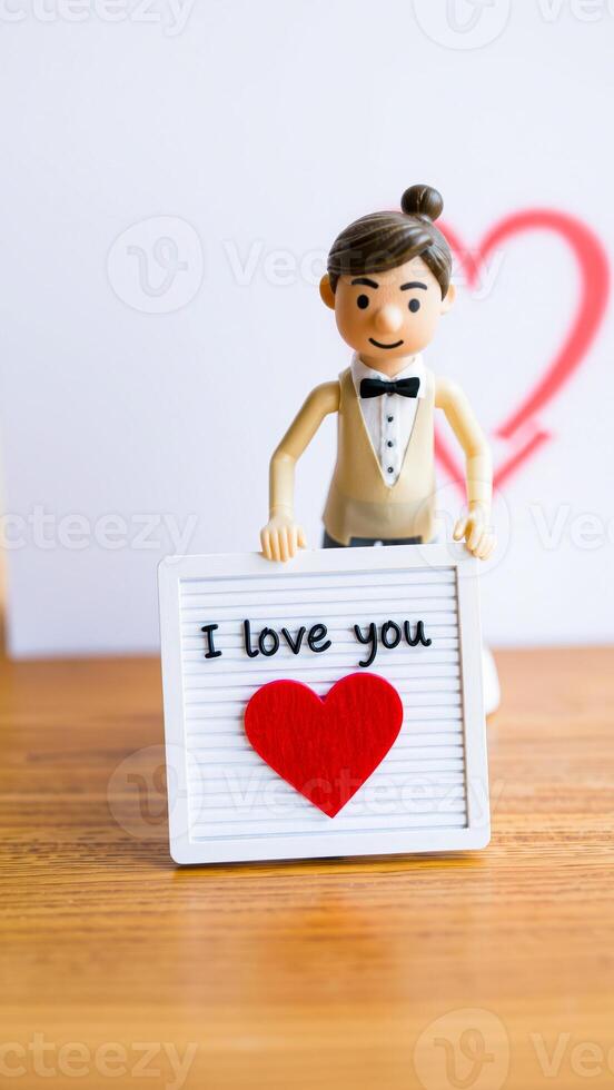 plastic figure holding a 'i love ' message photo