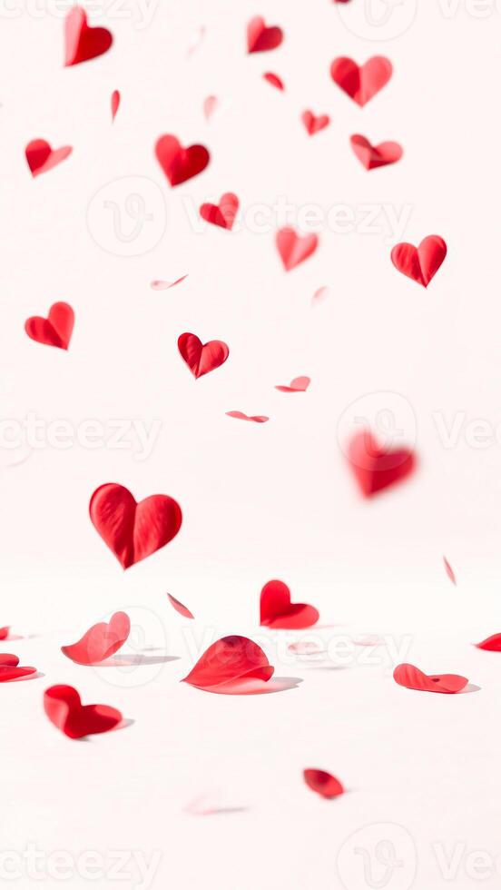 red heart confetti falling on a white background photo