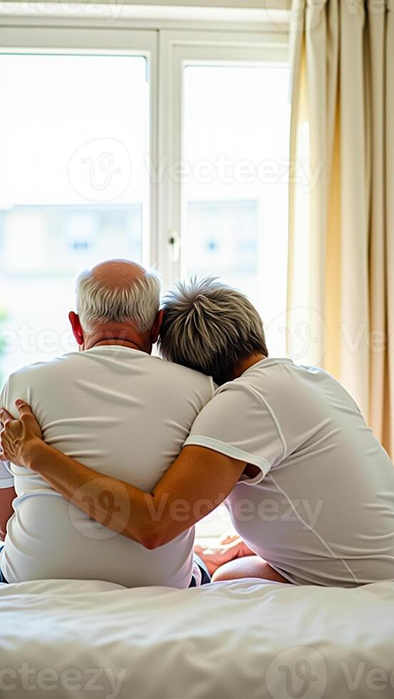 older couple sits together on a bed with the woman's arm around the man both looking out a window. photo