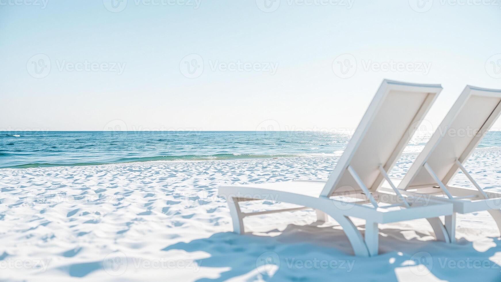 two white lounge chairs on a beach facing the ocean photo