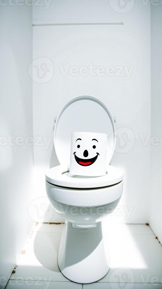 white toilet with a smiling toilet paper roll photo